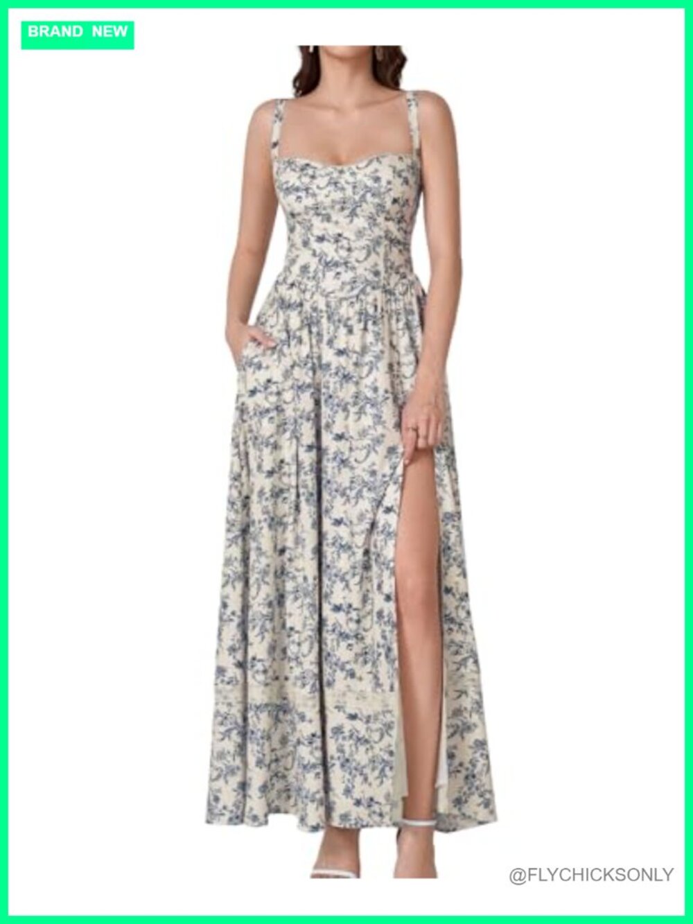 Floral Corset Maxi Dress Wedding Guest A-Line Slit Sundress with Pockets